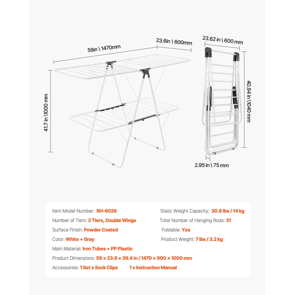 Adjustable Foldable Metal Clothes Drying Rack Sock Clips