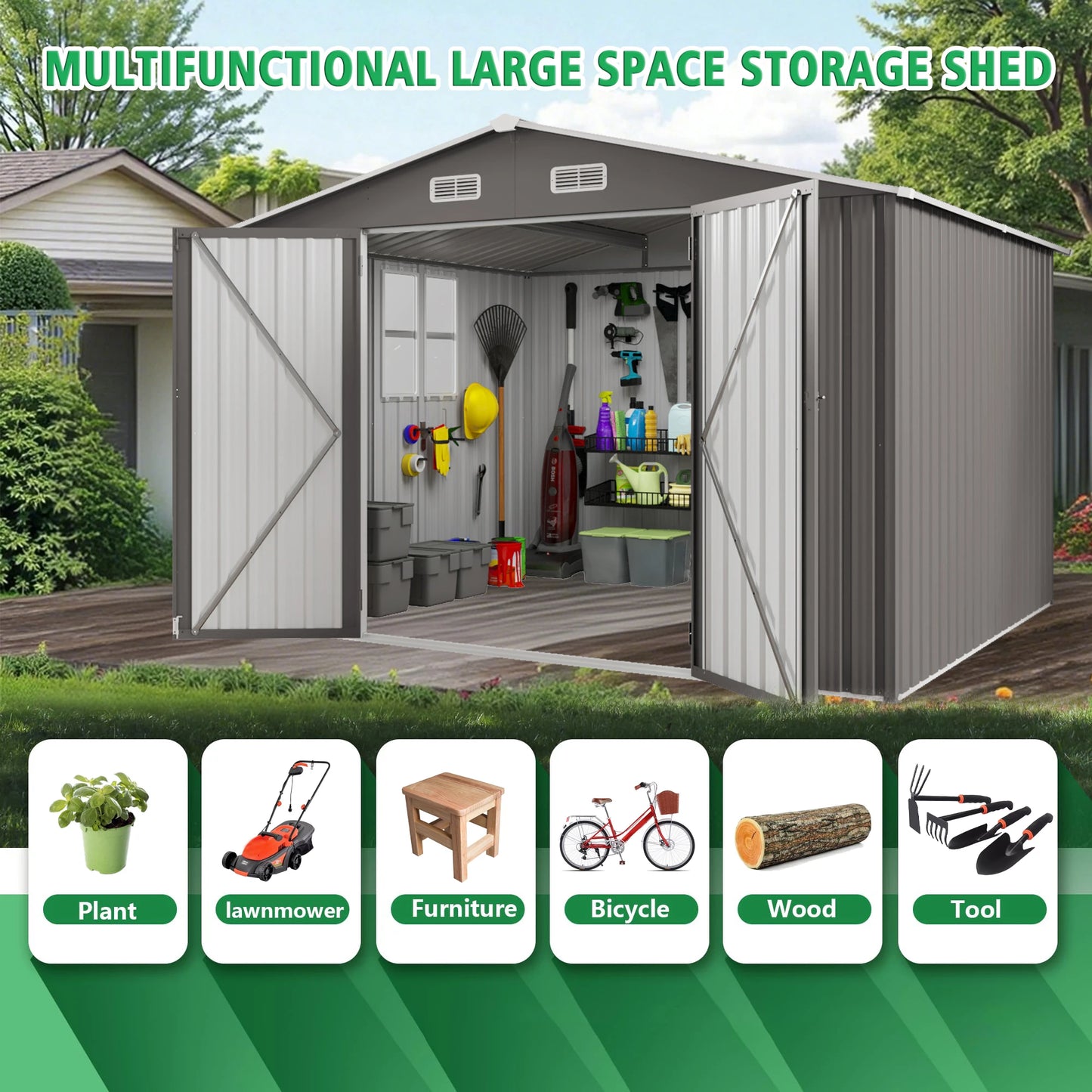 SUSUA Outdoor Metal Storage Shed With Double Door Waterproof