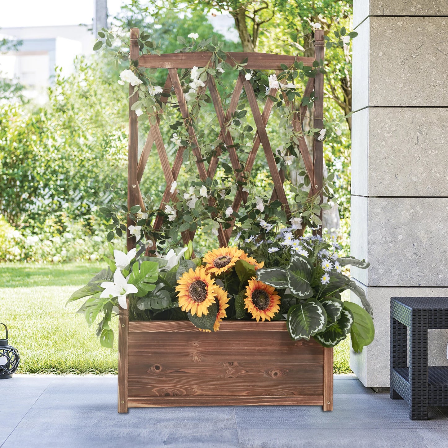 Raised Wooden Garden Bed Trellis Planter For Herbs And Flowers