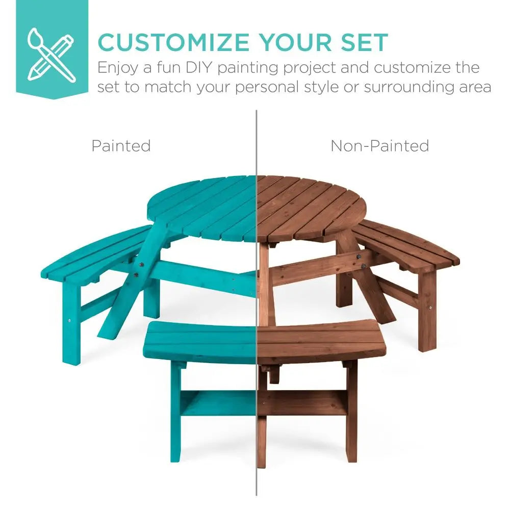 Circular Outdoor Wooden Picnic Table With Built In Benches