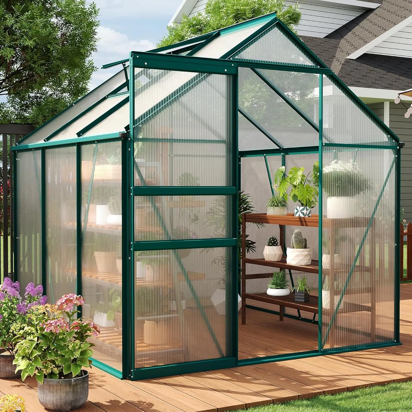 Outdoor Polycarbonate Greenhouse With Adjustable Roof Vent And Sliding Door