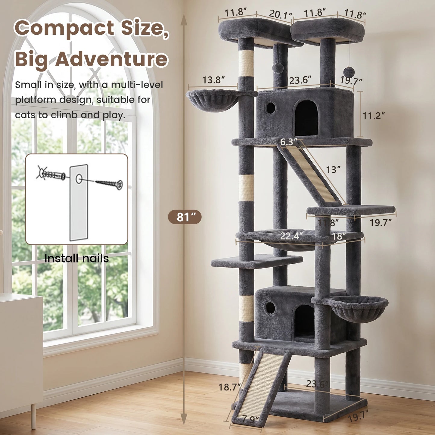 Cat Tower With Anti-Tip Base Hammock And Private Condos