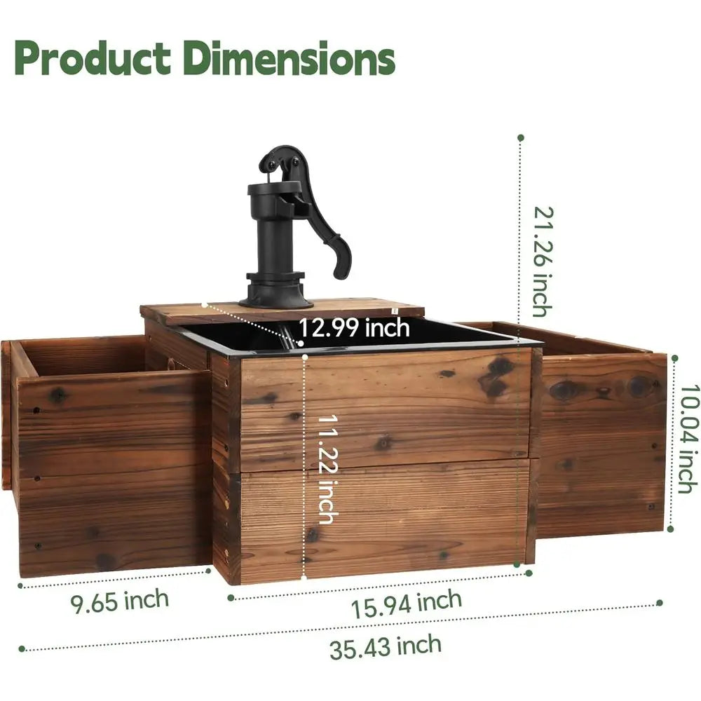 Outdoor Water Fountain With Flower Box Wooden Floor Pump