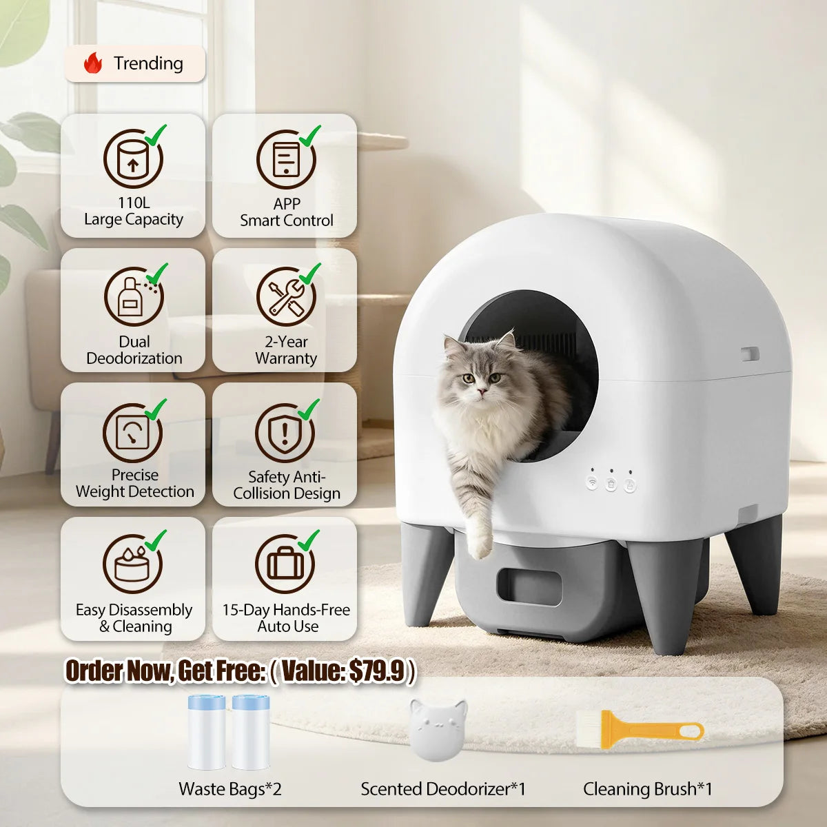 Automatic Smart Self Cleaning Enclosed Cat Litter Box With Sensors