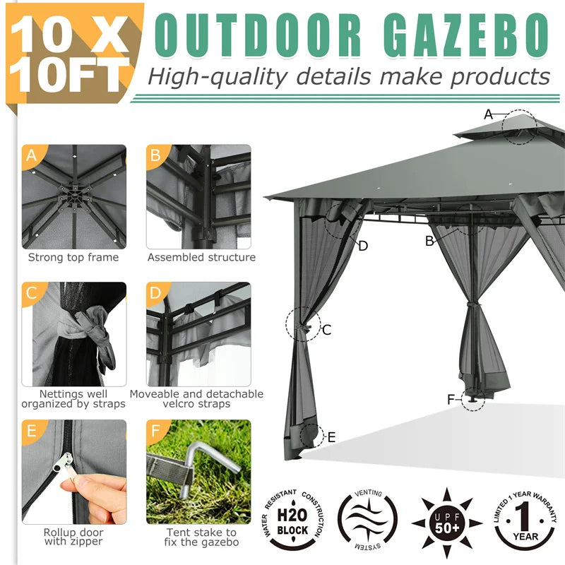 Tooluck Gazebo With Metal Frame And Double Roof For Patio