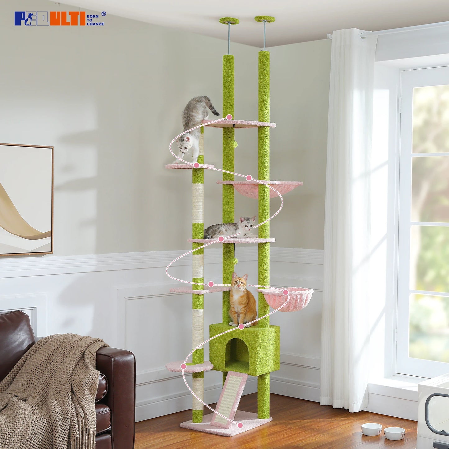 PETEPELA Floor To Ceiling Cat Tower With Adjustable Height Condo Hammock