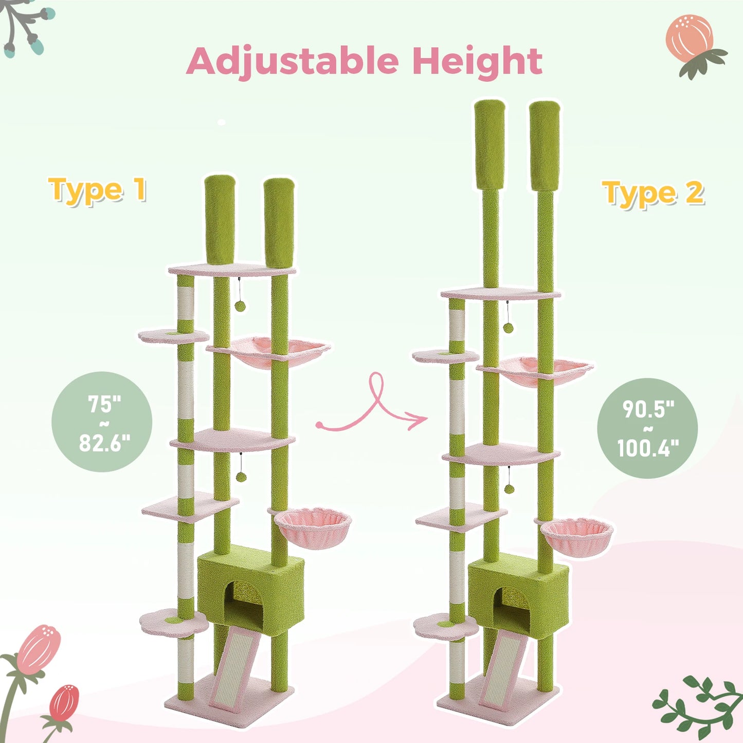 PETEPELA Floor To Ceiling Cat Tower With Adjustable Height Condo Hammock