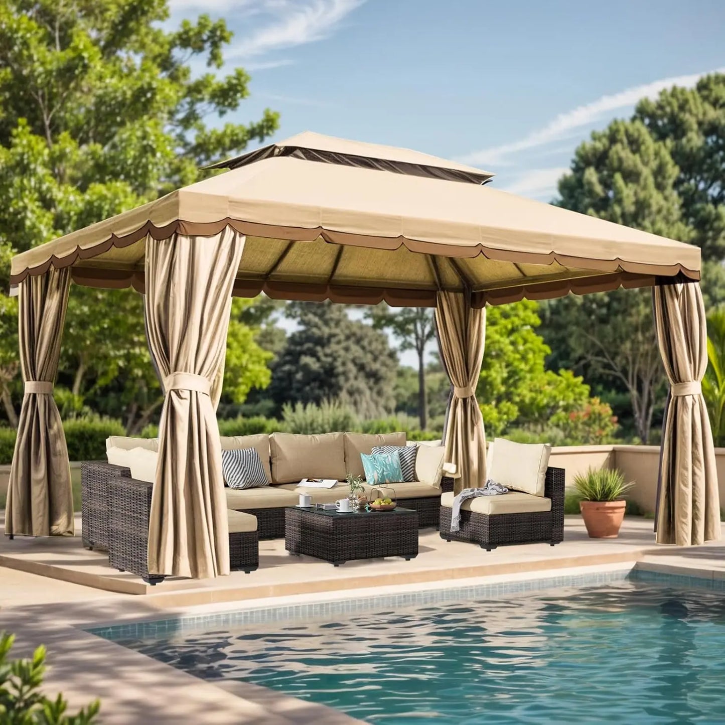 Outdoor Gazebo Heavy Duty Double Roofs Mosquito Netting And Curtains