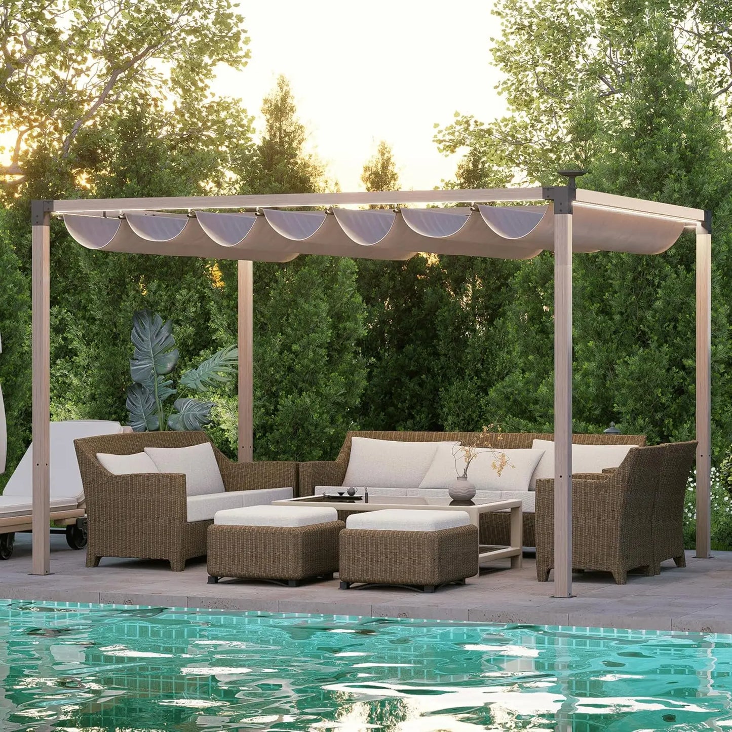 Retractable Pergola With LED Lights Aluminum Outdoor Canopy For Patio