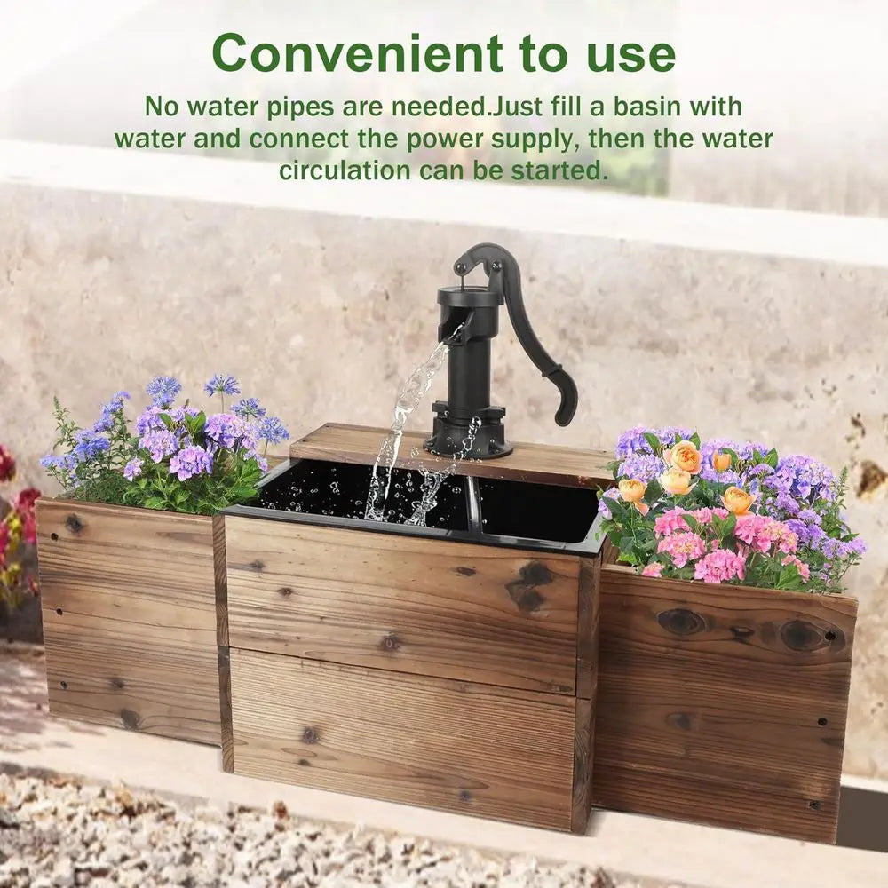 Outdoor Water Fountain With Flower Box Wooden Floor Pump