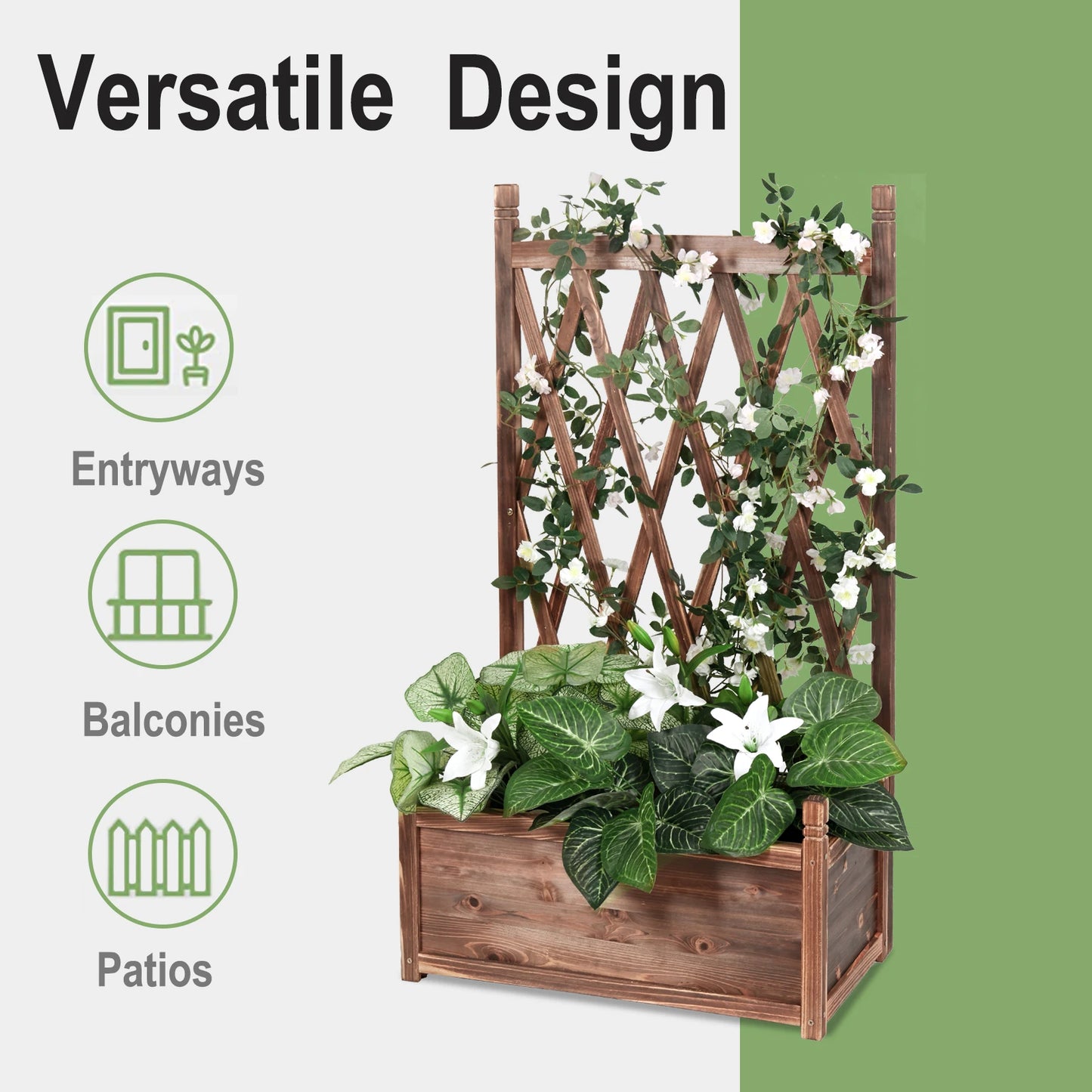 Raised Wooden Garden Bed Trellis Planter For Herbs And Flowers
