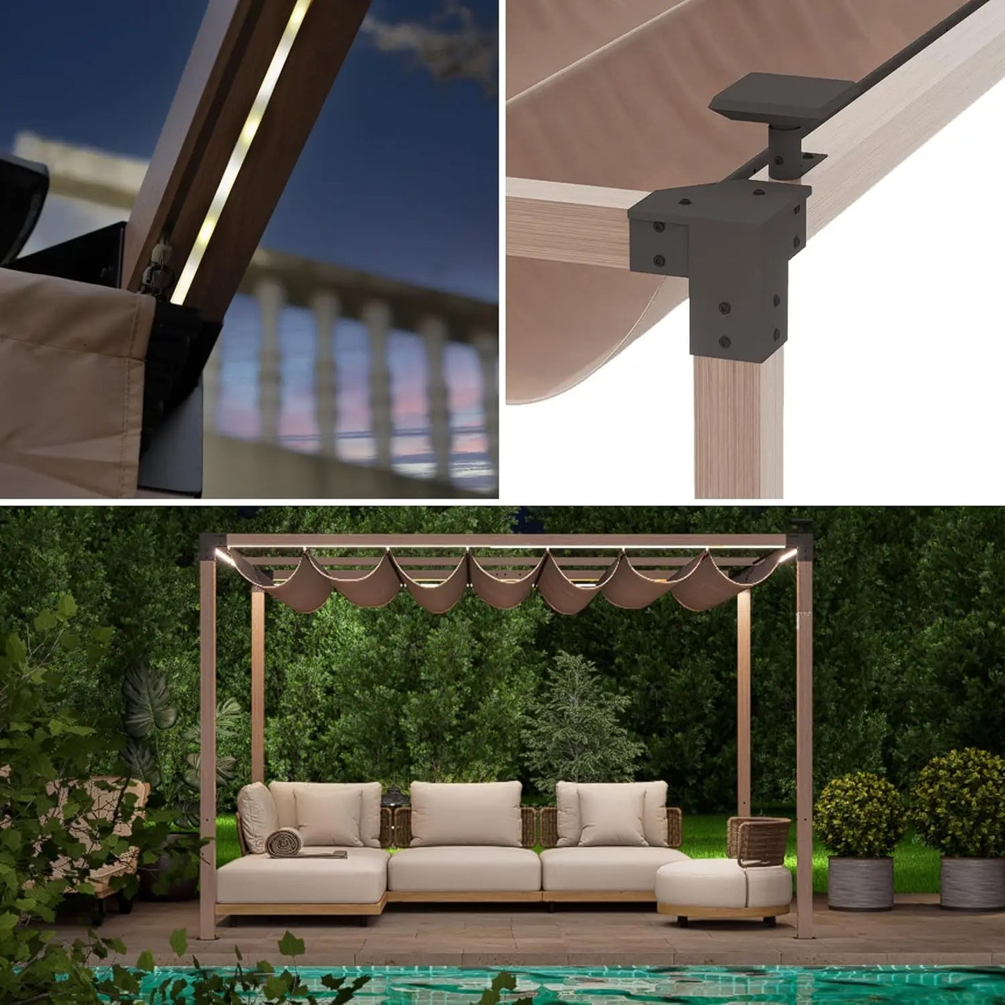 Retractable Pergola With LED Lights Aluminum Outdoor Canopy For Patio