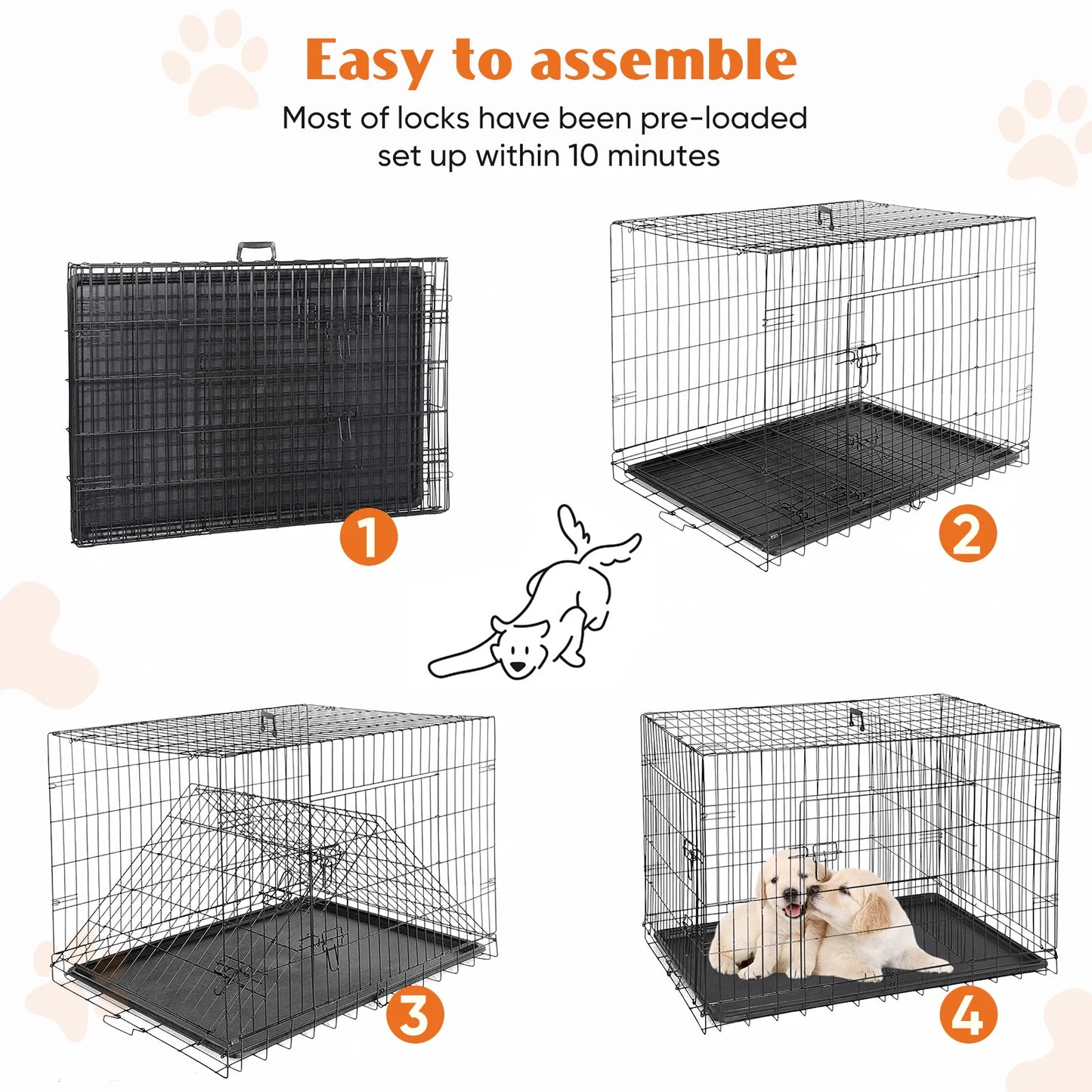 JHK Double Door Folding Metal Dog Cage With Durable Tray