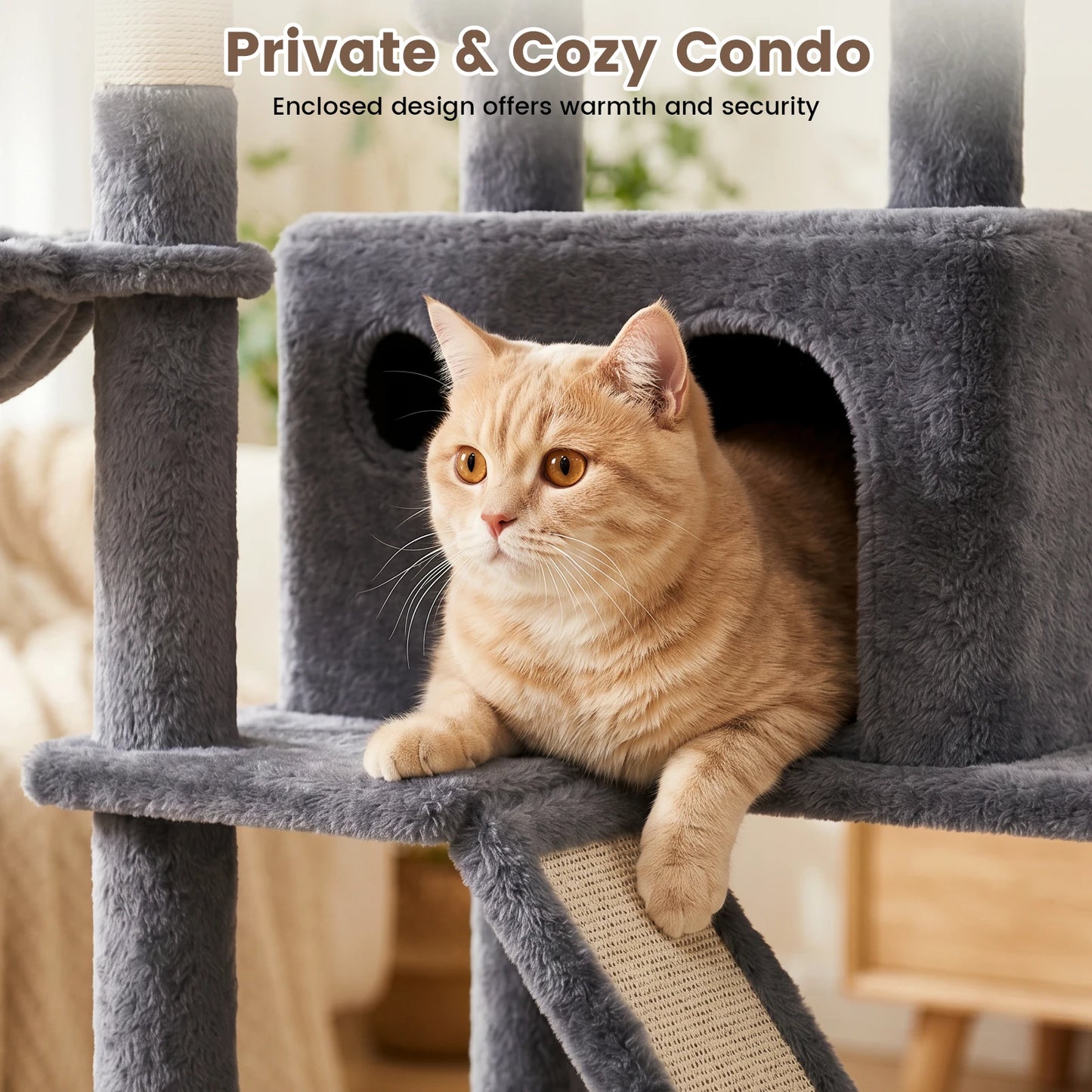Cat Tower With Anti-Tip Base Hammock And Private Condos