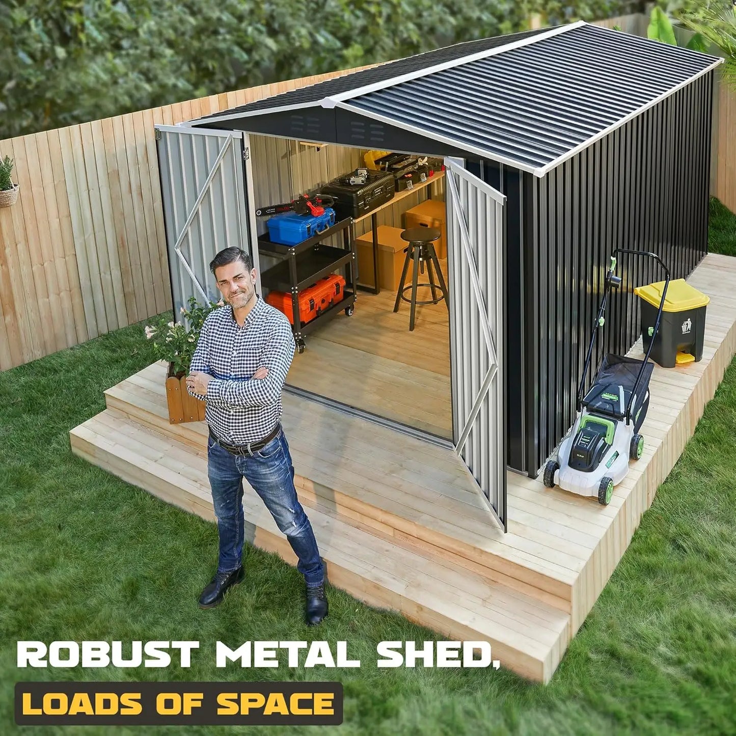 Outdoor Metal Storage Shed Waterproof With Reinforced Frame Backyard Use