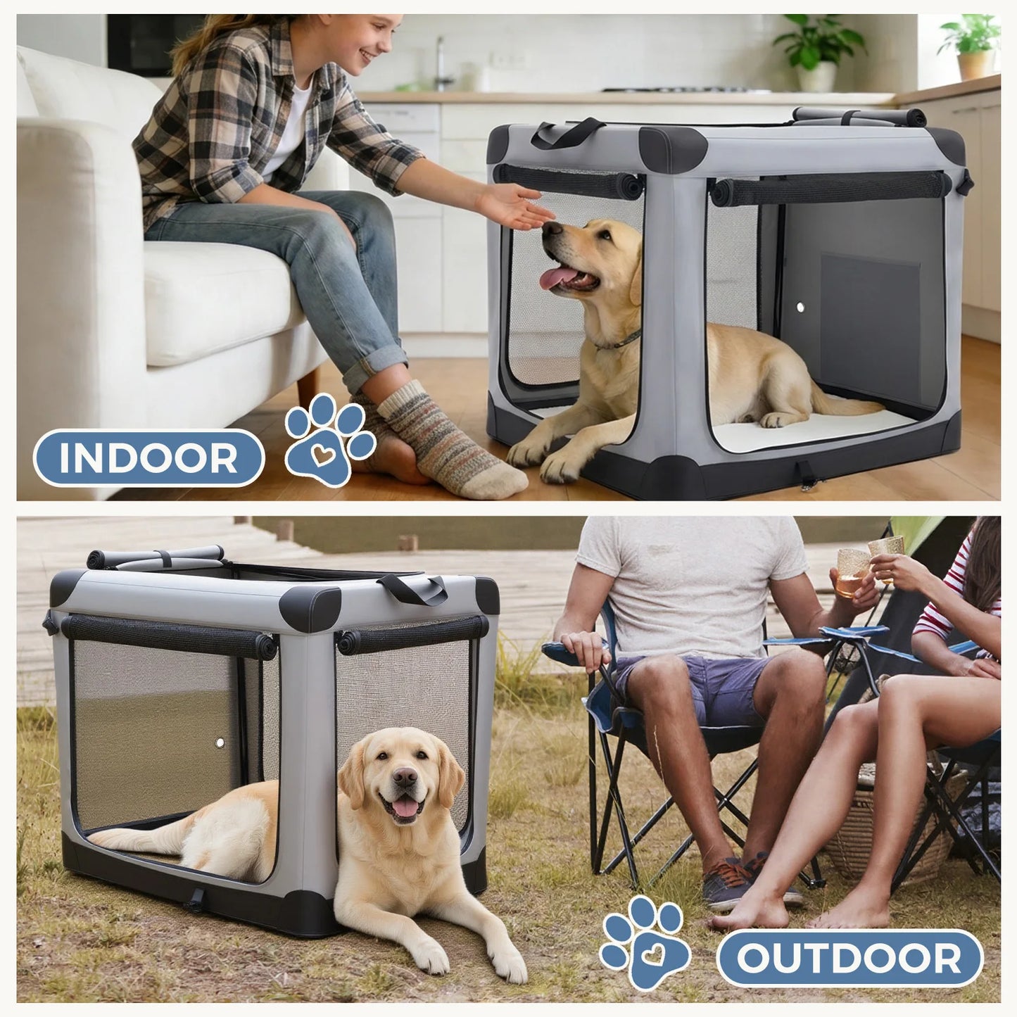 JHK Foldable Dog Crate Indoor 3 Doors 600D Oxford Fabric
