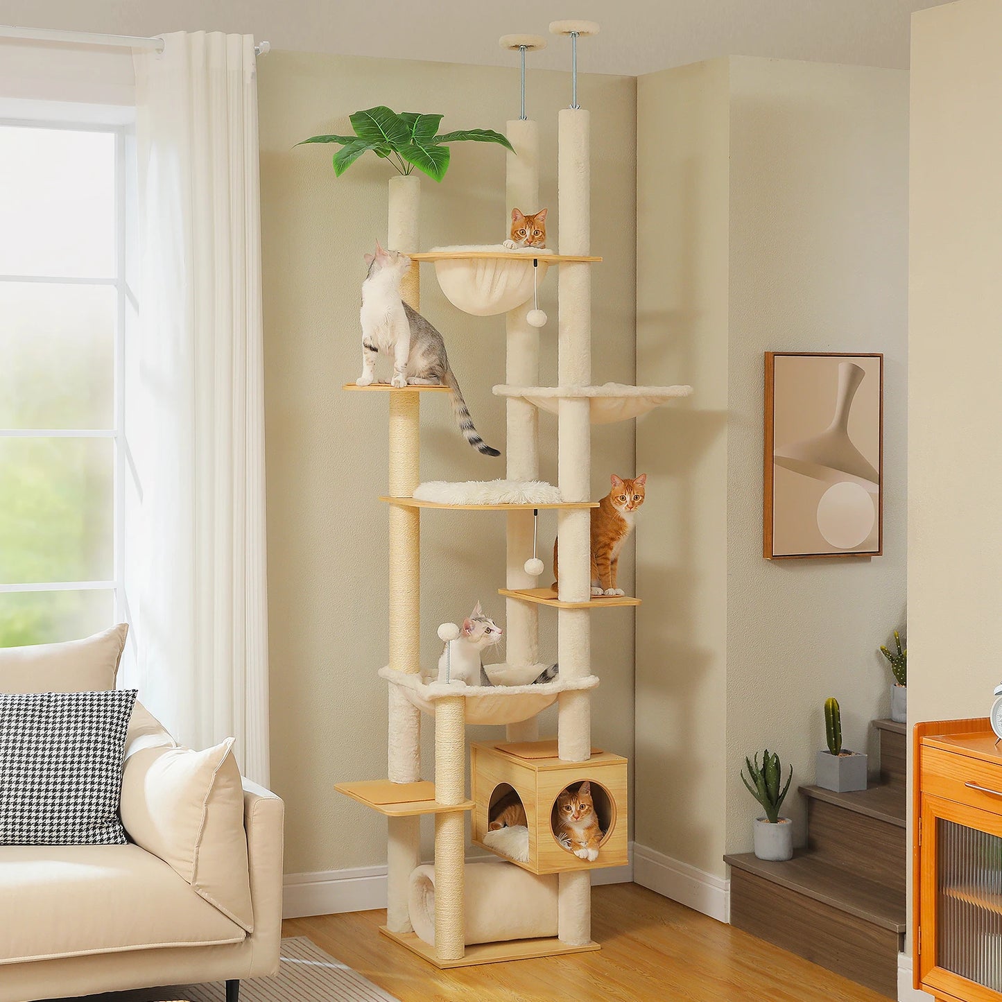 PAWZ Road Height Adjustable Wooden Cat Tree With Hammock And Sisal Posts