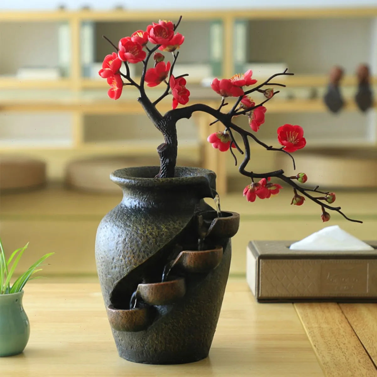 Bymaocar Decorative Tabletop Fountain With Simulated Flowers Quiet Pump