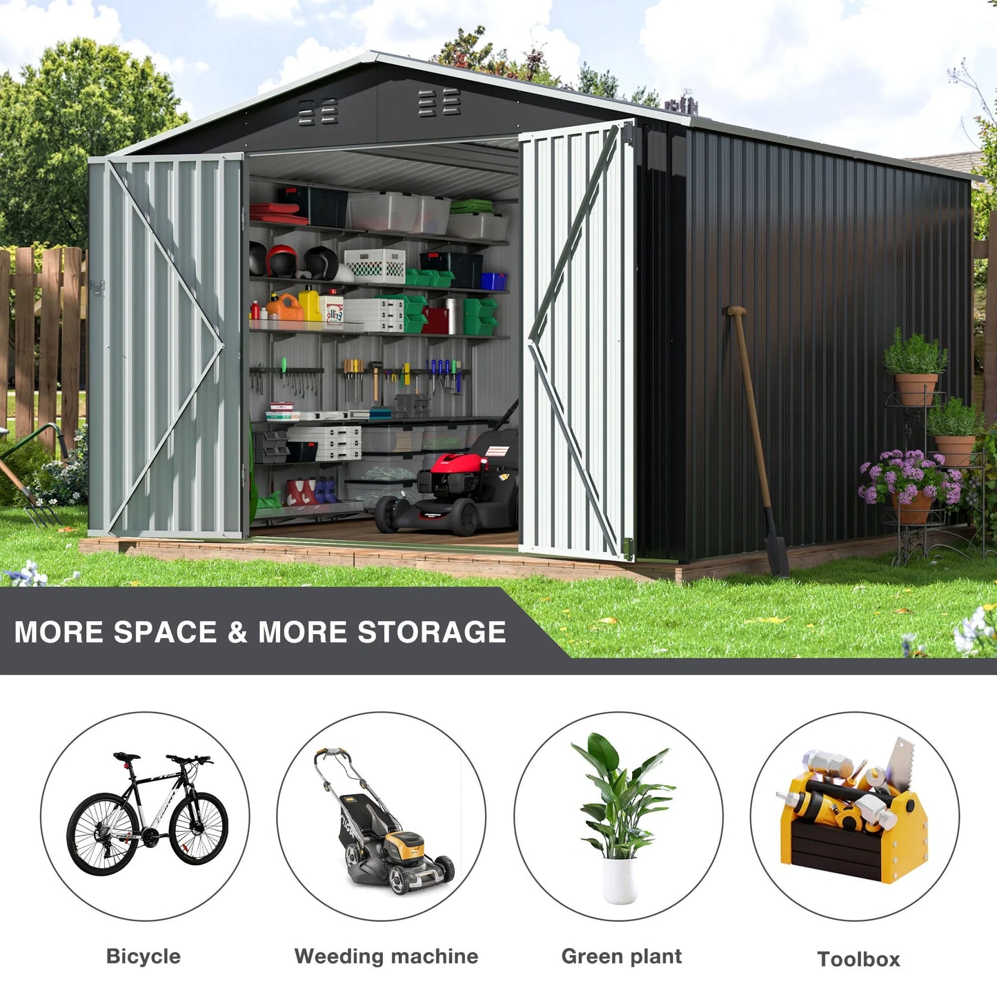 Polar Aurora Galvanized Steel Garden Shed, Heavy Duty Lockable Door