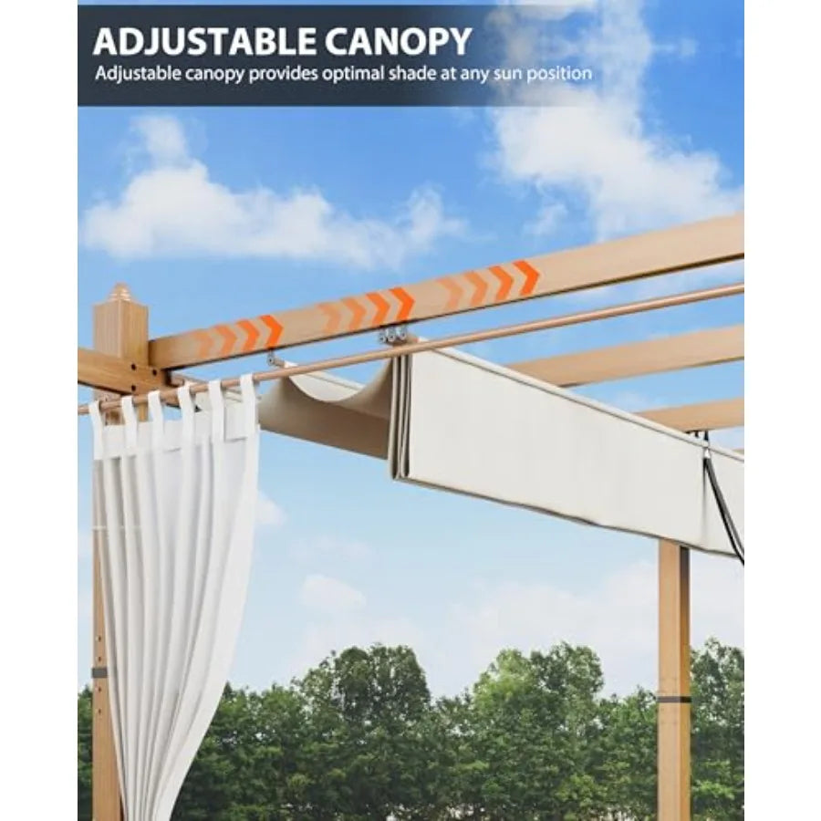 Retractable Outdoor Pergola With Canopy And Side Mesh, Wood-Grain Aluminum