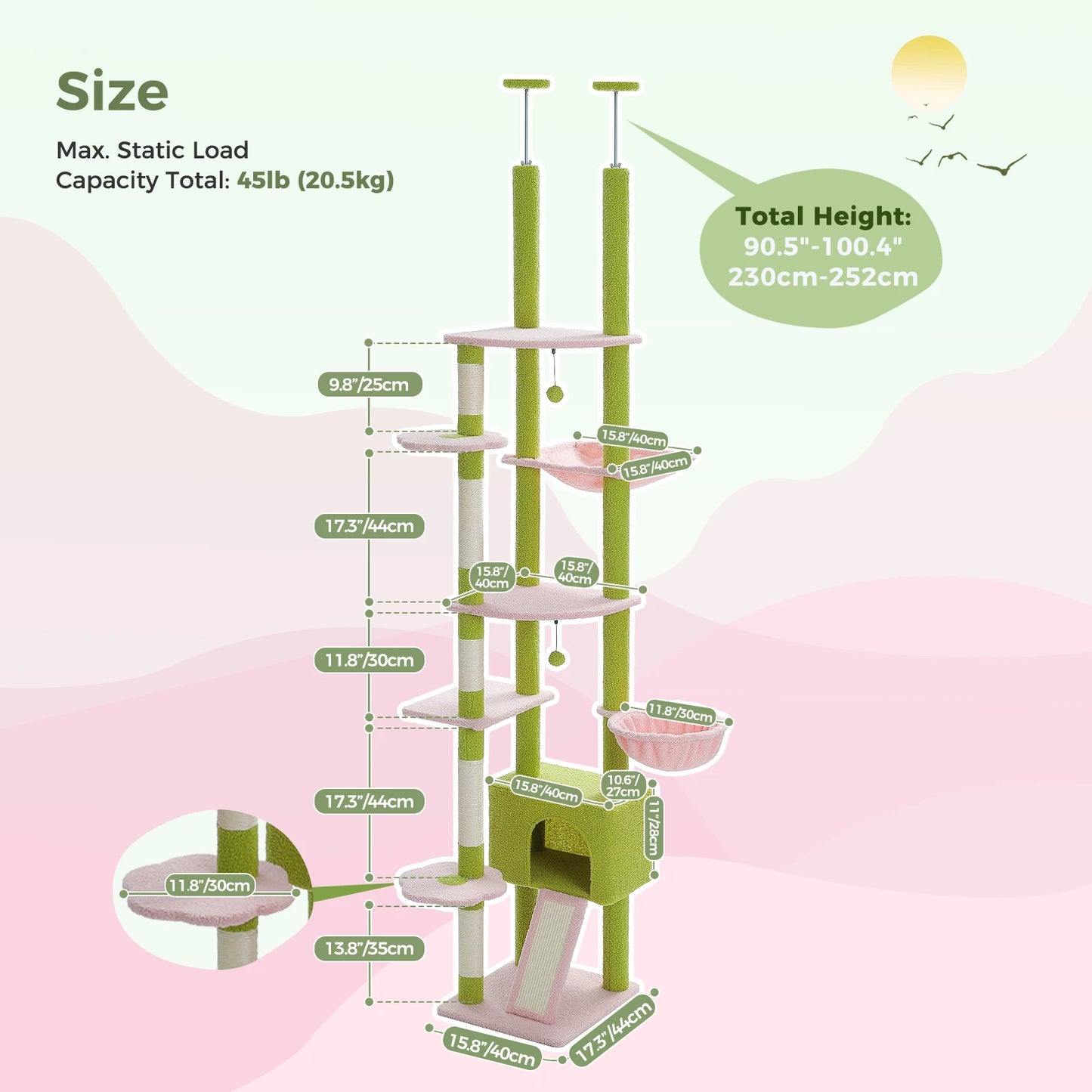 PETEPELA Floor To Ceiling Cat Tower With Adjustable Height Condo Hammock