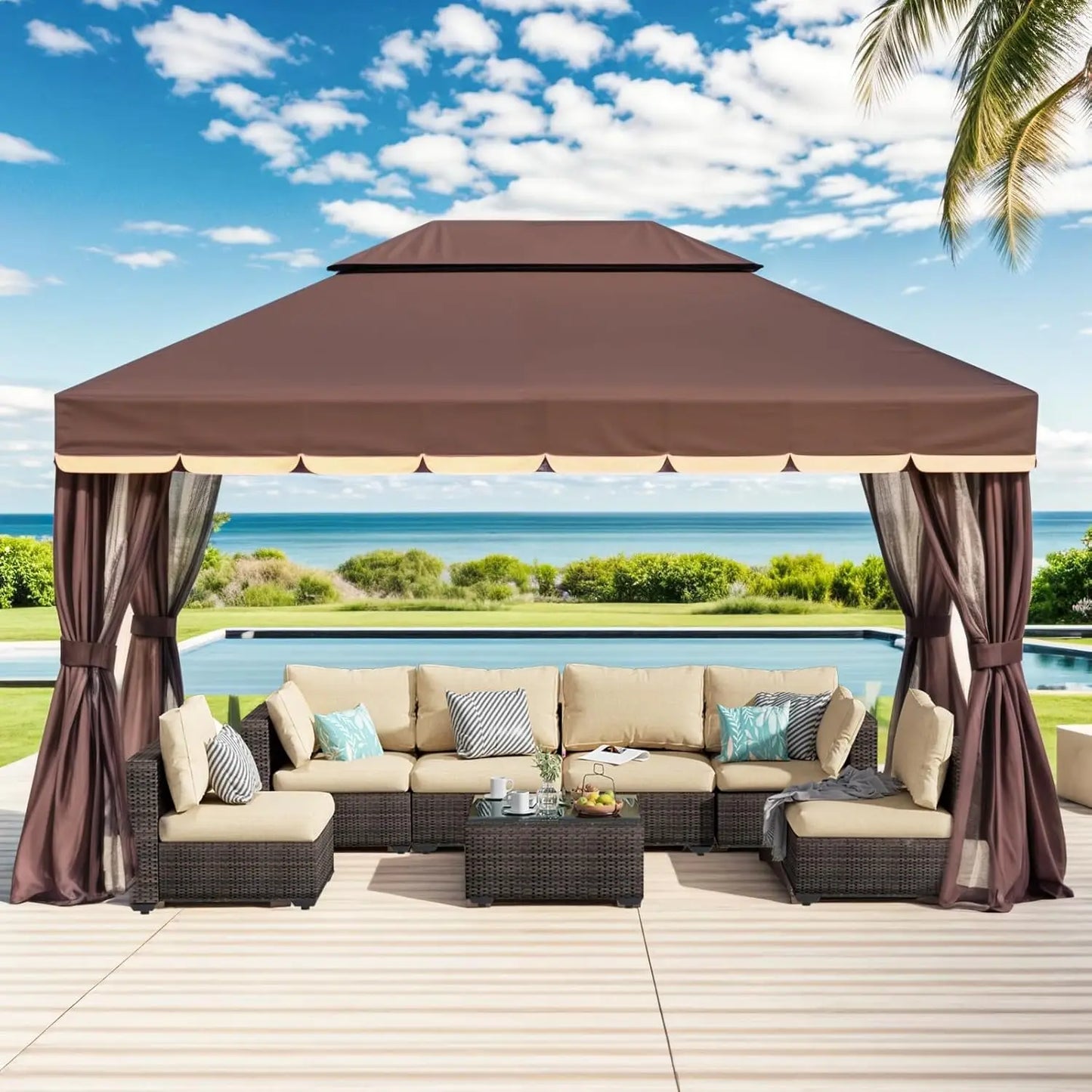 Outdoor Gazebo Heavy Duty Double Roofs Mosquito Netting And Curtains