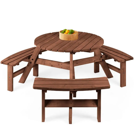 Circular Outdoor Wooden Picnic Table With Built In Benches