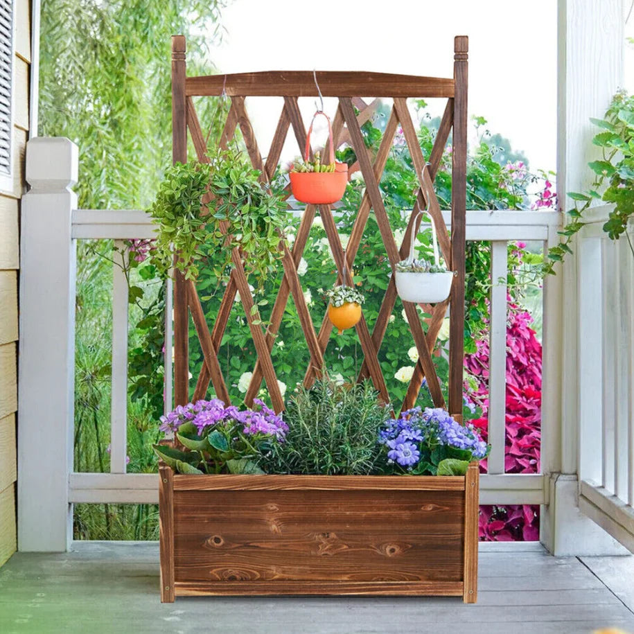 Raised Wooden Garden Bed Trellis Planter For Herbs And Flowers