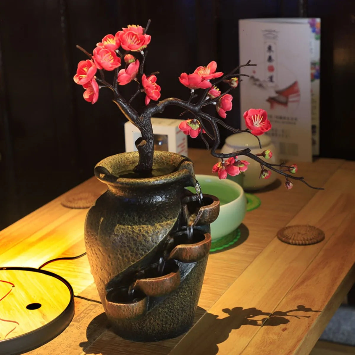 Bymaocar Decorative Tabletop Fountain With Simulated Flowers Quiet Pump