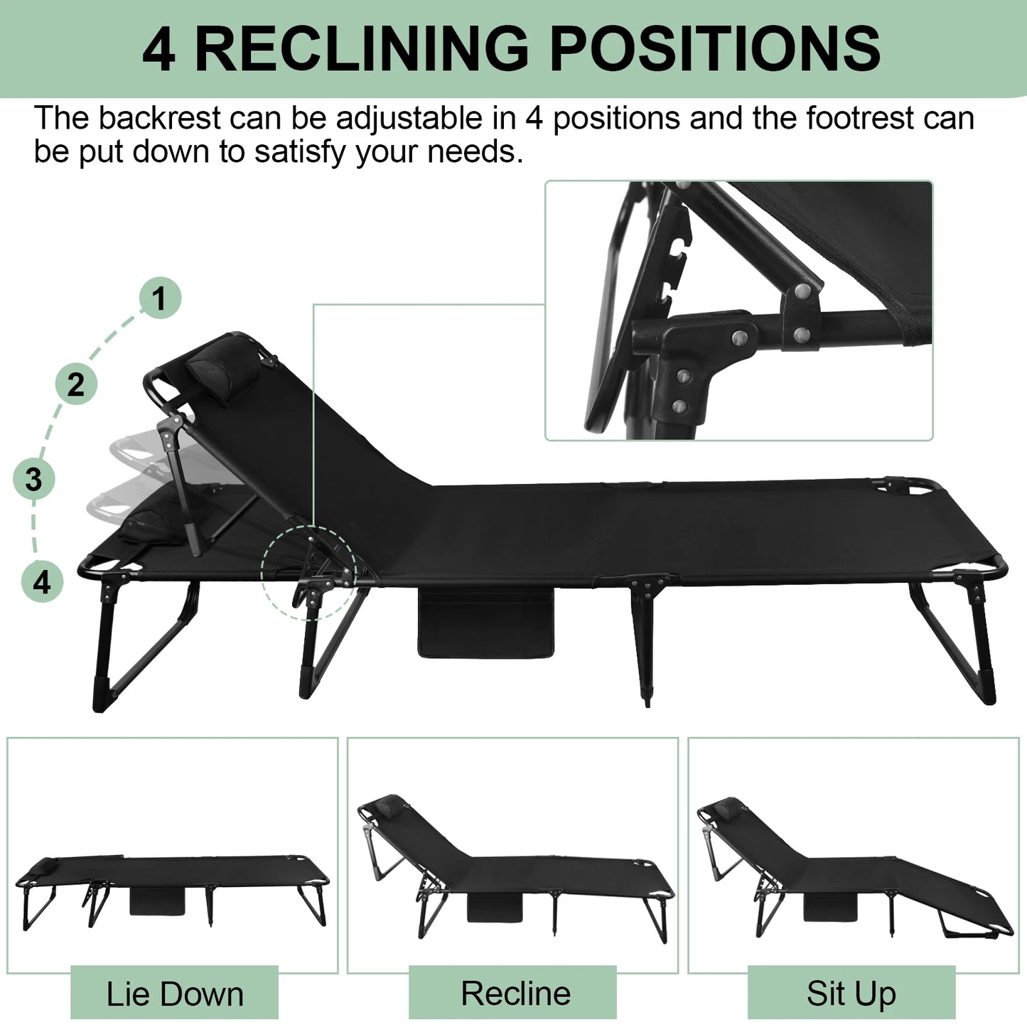 Portable Folding Camping Cot With 3-Position Adjustable Recliner