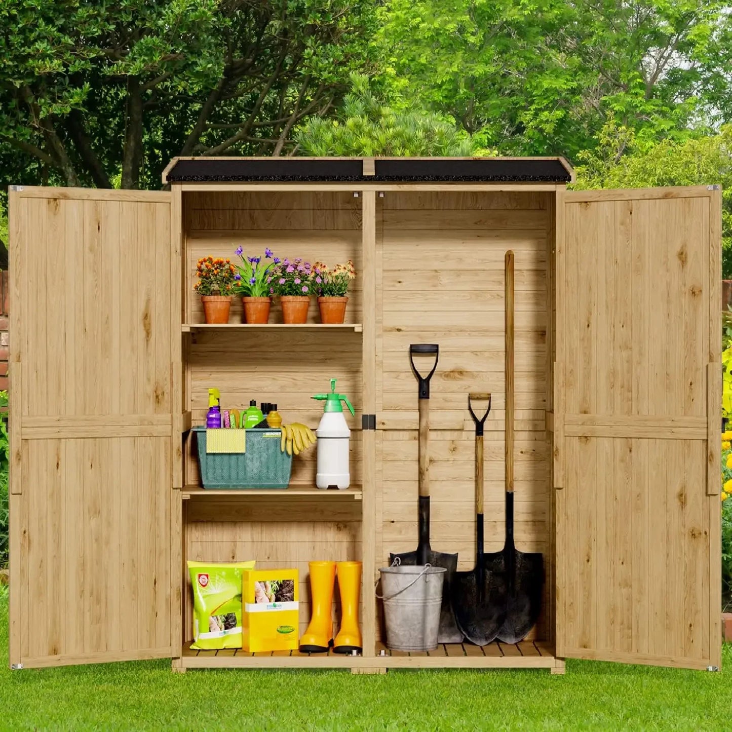 Outdoor Storage Cabinet With Waterproof Roof And Lockable Double Doors