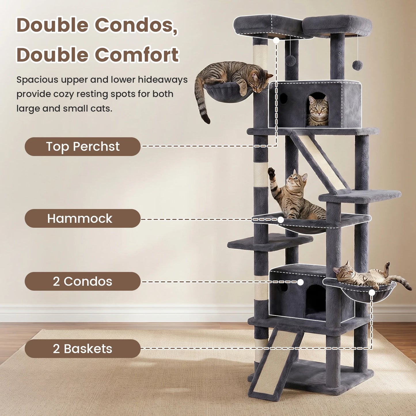 Cat Tower With Anti-Tip Base Hammock And Private Condos
