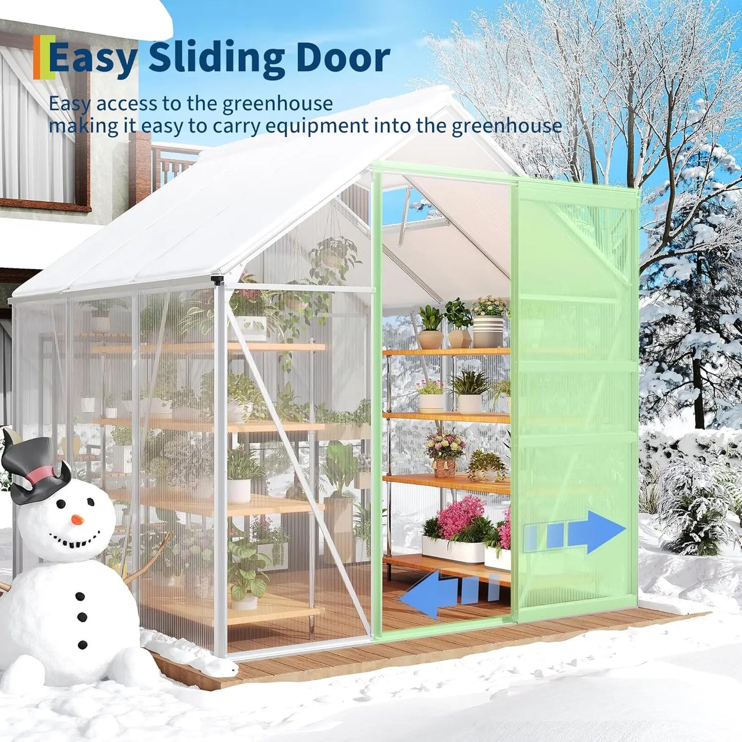 Outdoor Polycarbonate Greenhouse With Adjustable Roof Vent And Sliding Door