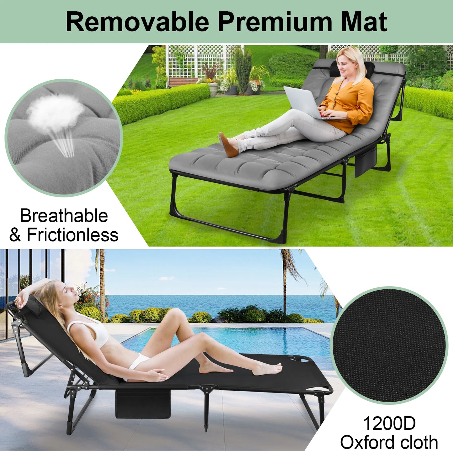 Portable Folding Camping Cot With 3-Position Adjustable Recliner