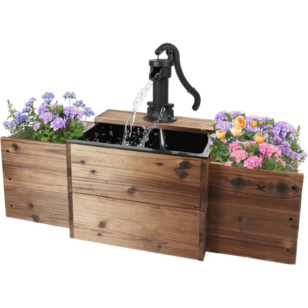 Outdoor Water Fountain With Flower Box Wooden Floor Pump