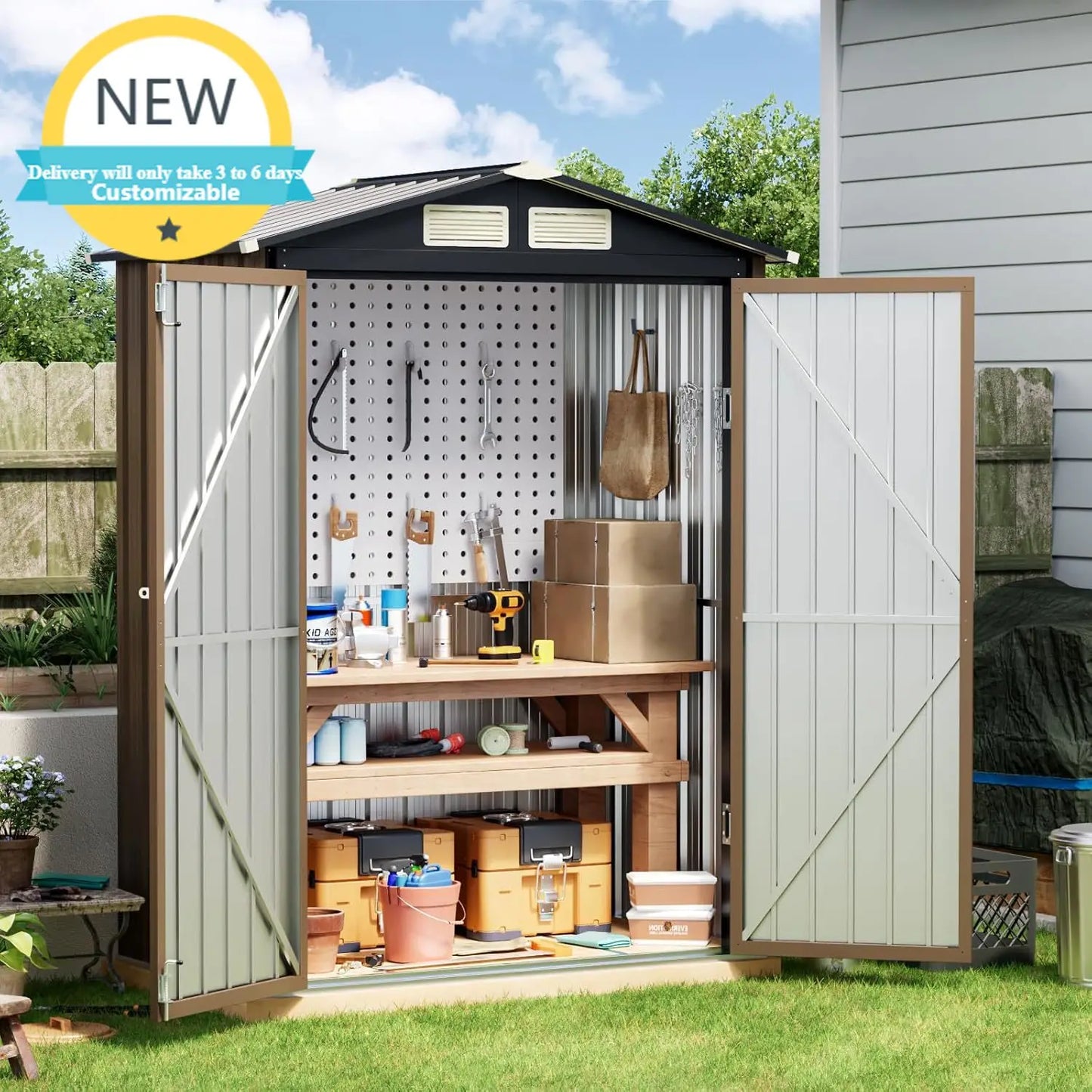 Outdoor Steel Storage Shed With Lockable Doors For Garden