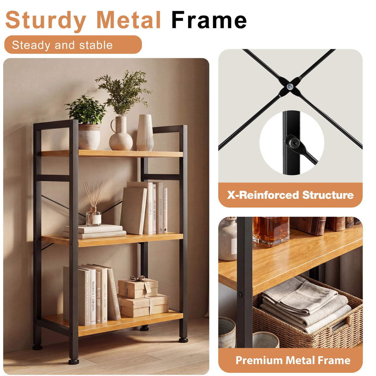 Freestanding 3 Tier Metal Bookshelf With Adjustable Feet Home Decor