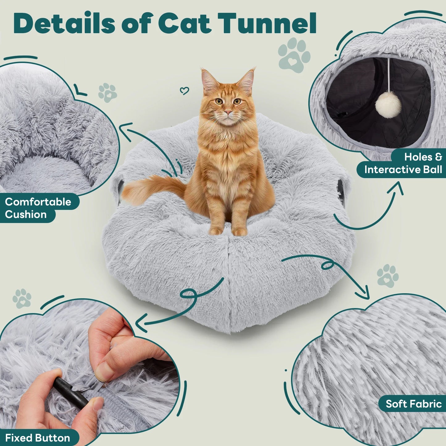 JHK Cat Tunnel Bed Indoor Playground With Soft Plush Washable