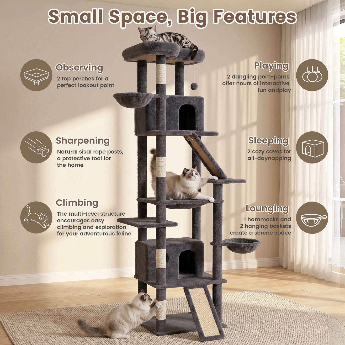 Cat Tower With Anti-Tip Base Hammock And Private Condos