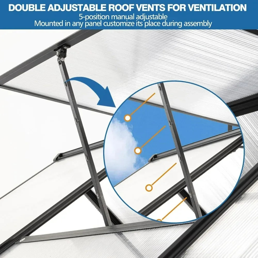 Walk-In Polycarbonate Greenhouse Aluminum Frame Roof Vent