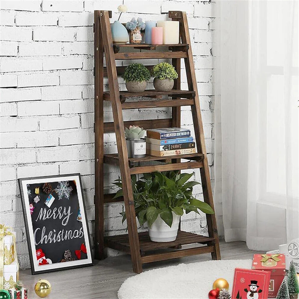 Folding Four Tier Ladder Shelf Wooden Storage Rack Plant Display Living Room