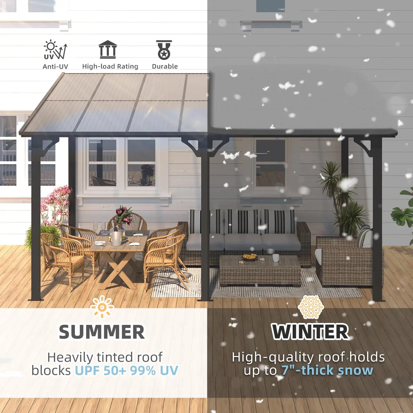 Hard Top Lean-To Gazebo Pergola With Wall-Mounted Roof