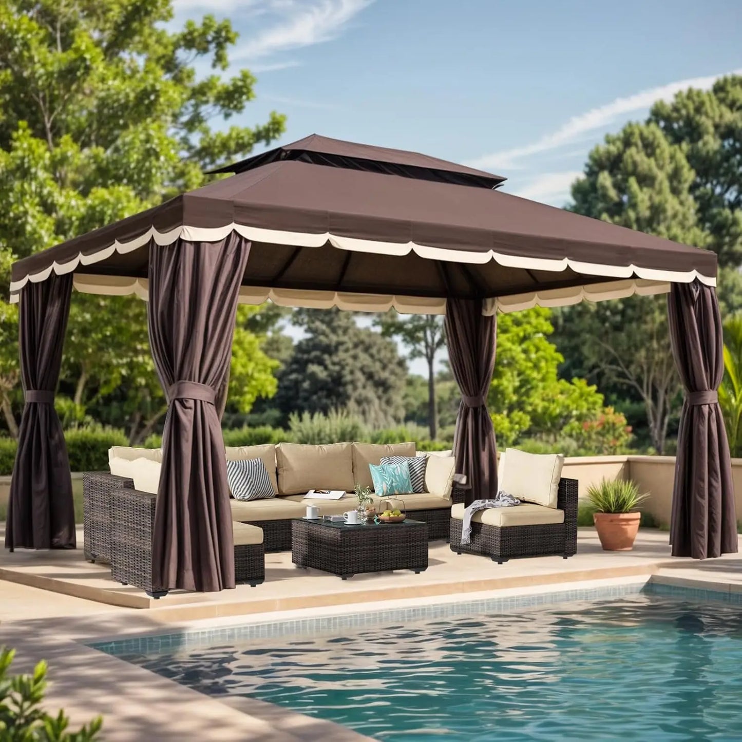 Outdoor Gazebo Heavy Duty Double Roofs Mosquito Netting And Curtains