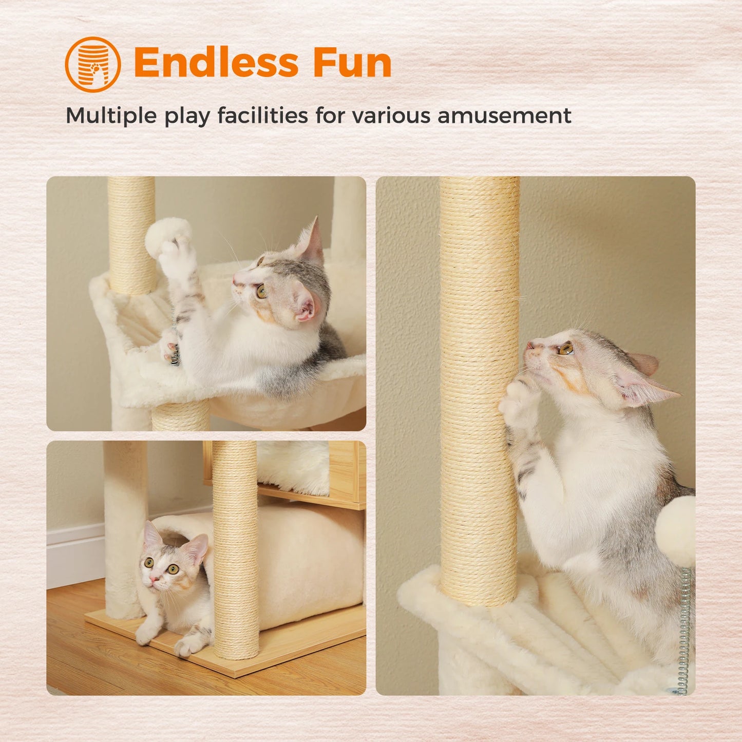 PAWZ Road Height Adjustable Wooden Cat Tree With Hammock And Sisal Posts