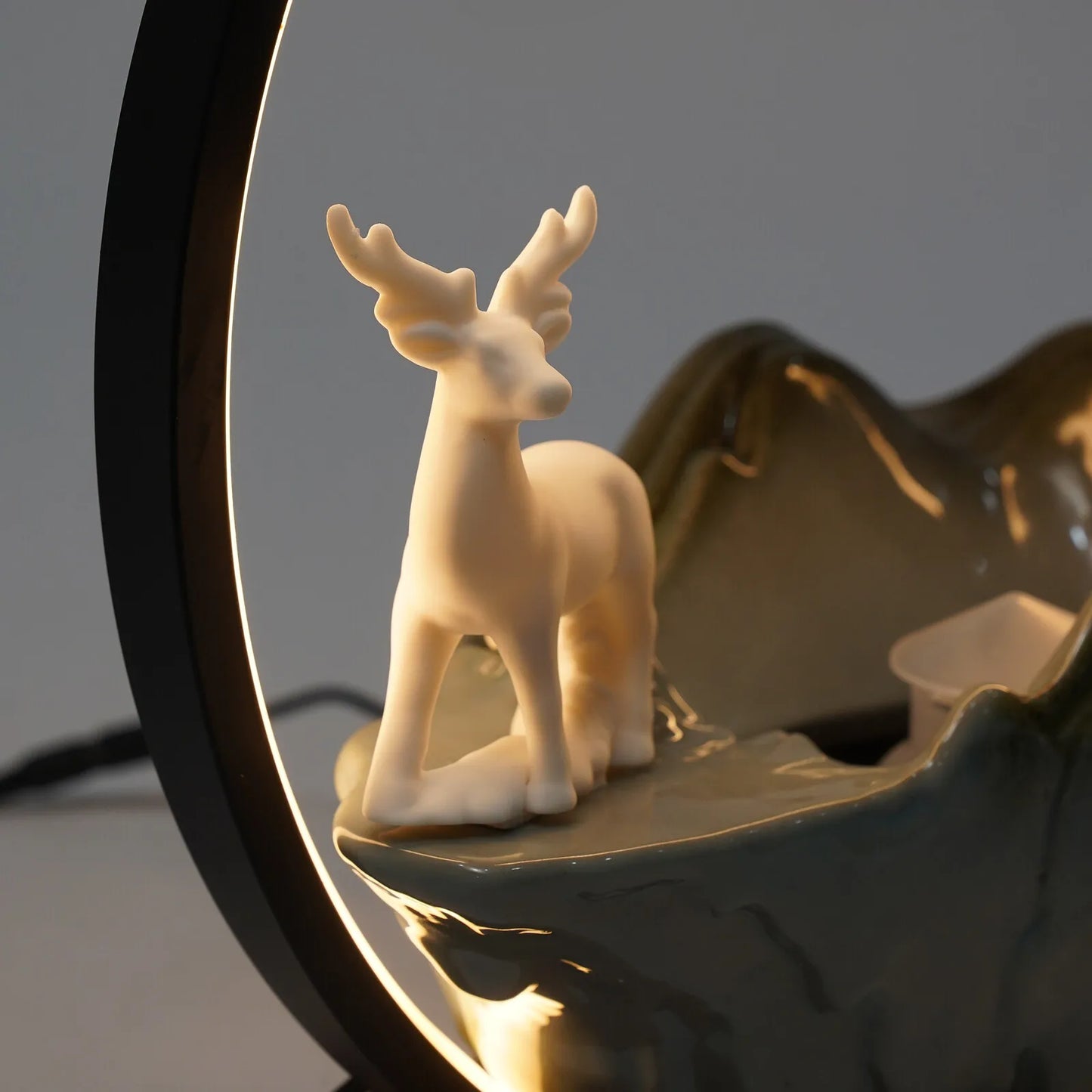 Ceramic Tabletop Fountain With Mist LED Deer Figurine Feng Shui