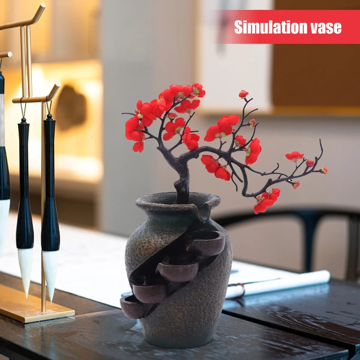 Bymaocar Decorative Tabletop Fountain With Simulated Flowers Quiet Pump