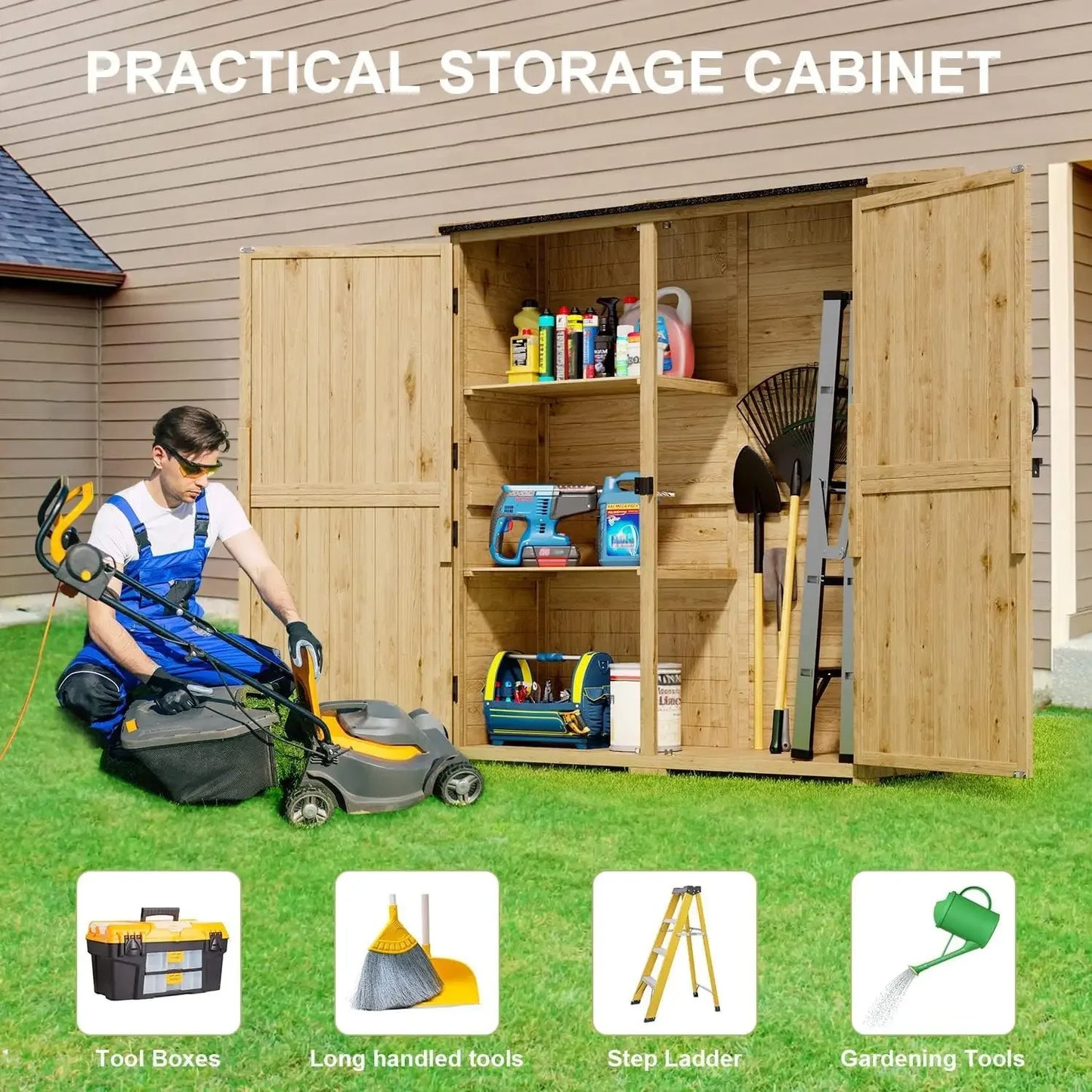 Outdoor Storage Cabinet With Waterproof Roof And Lockable Double Doors