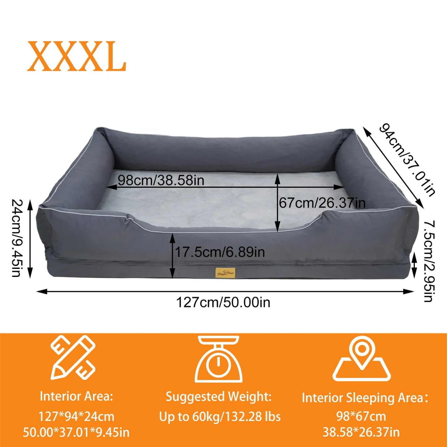 BINGOPAW Orthopedic Rectangular Dog Bed With Bolster Removable Cover