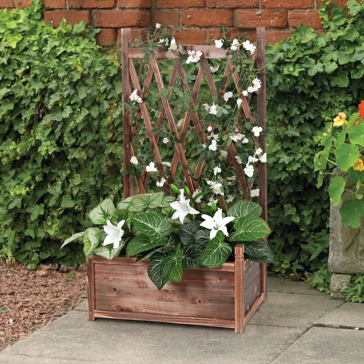 Raised Wooden Garden Bed Trellis Planter For Herbs And Flowers