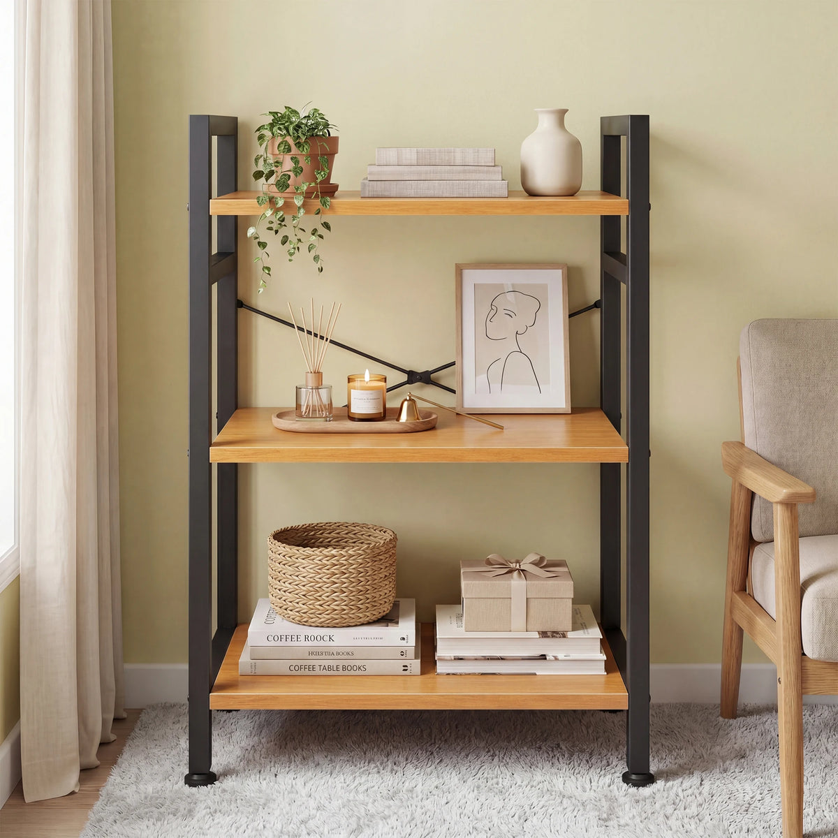 Freestanding 3 Tier Metal Bookshelf With Adjustable Feet Home Decor